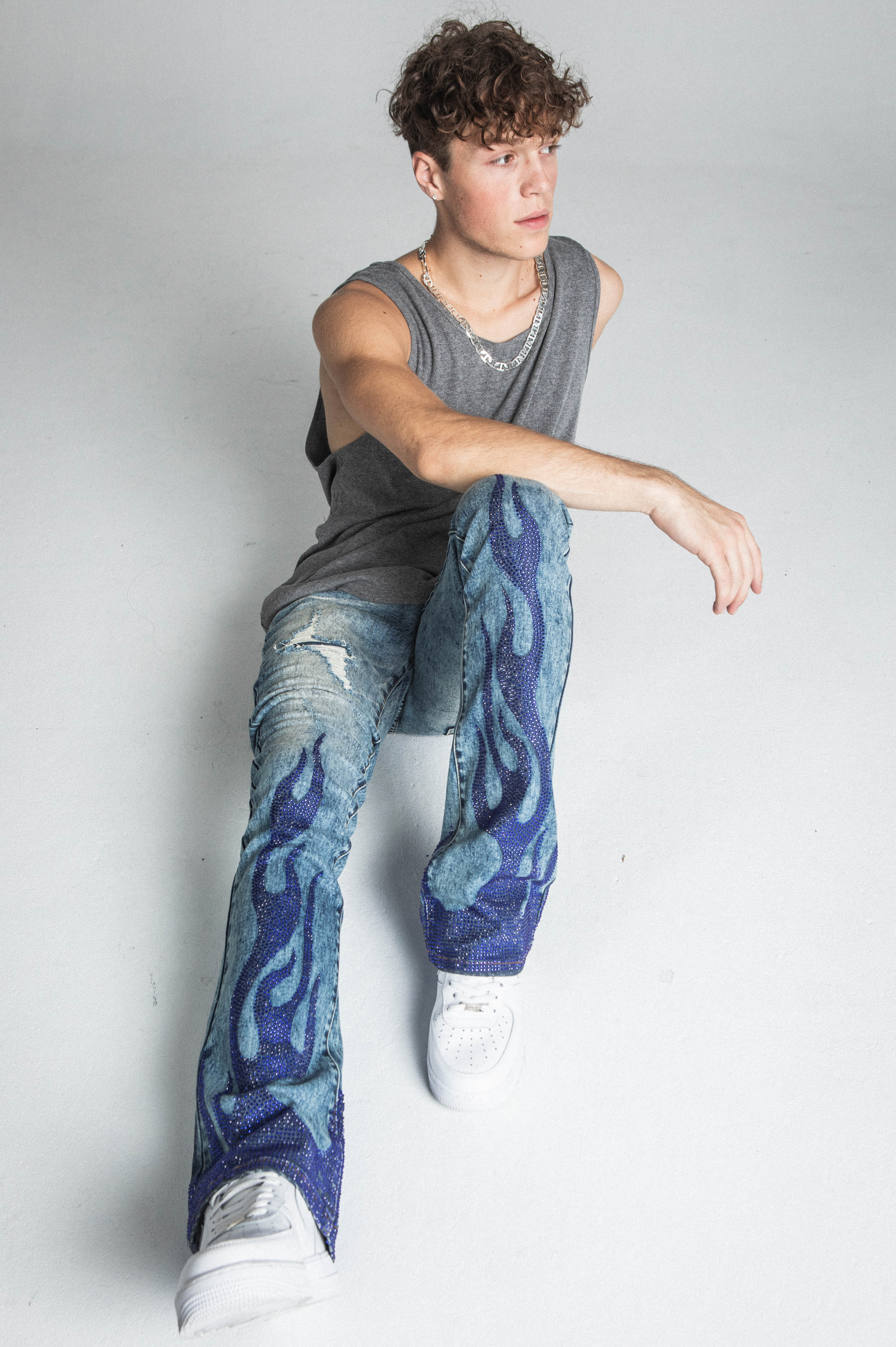 AJ23SK FLAME RHINESTONE STACKED JEANS PANTS