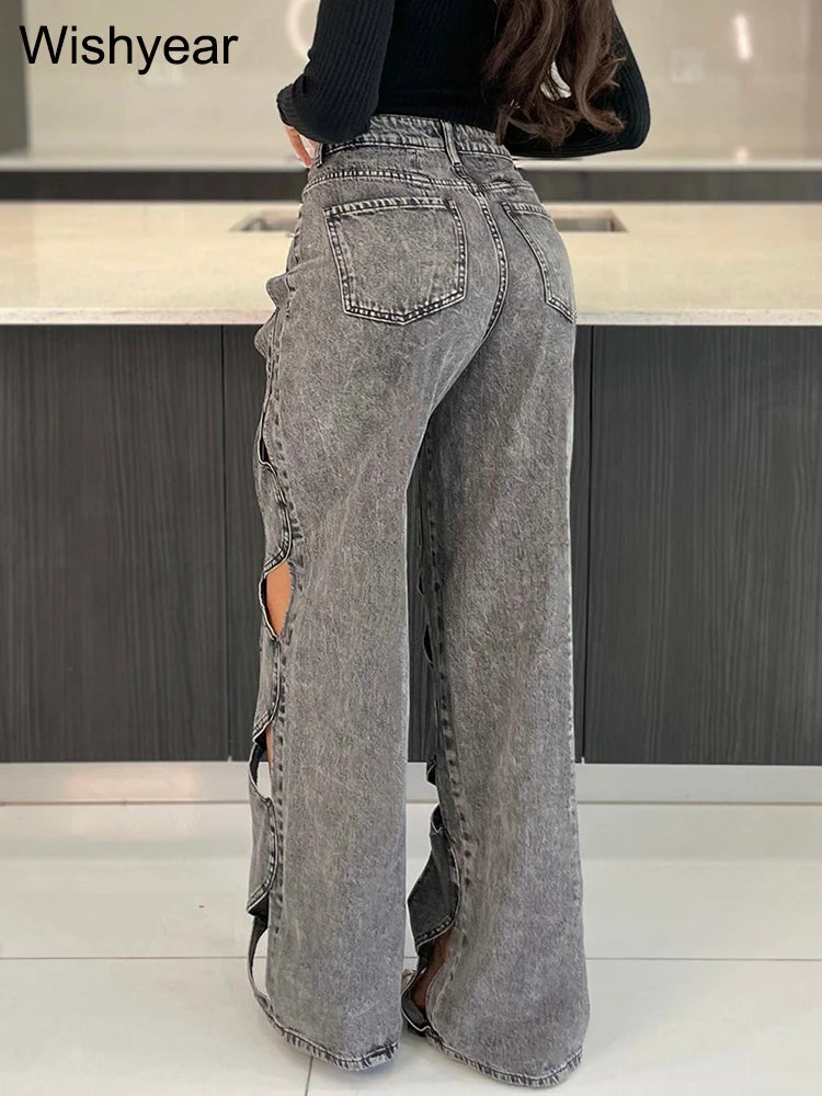 FZ Women's Streetwear Stretch Cross Hollow Out Loose Denim Cargo Pants - FZwear