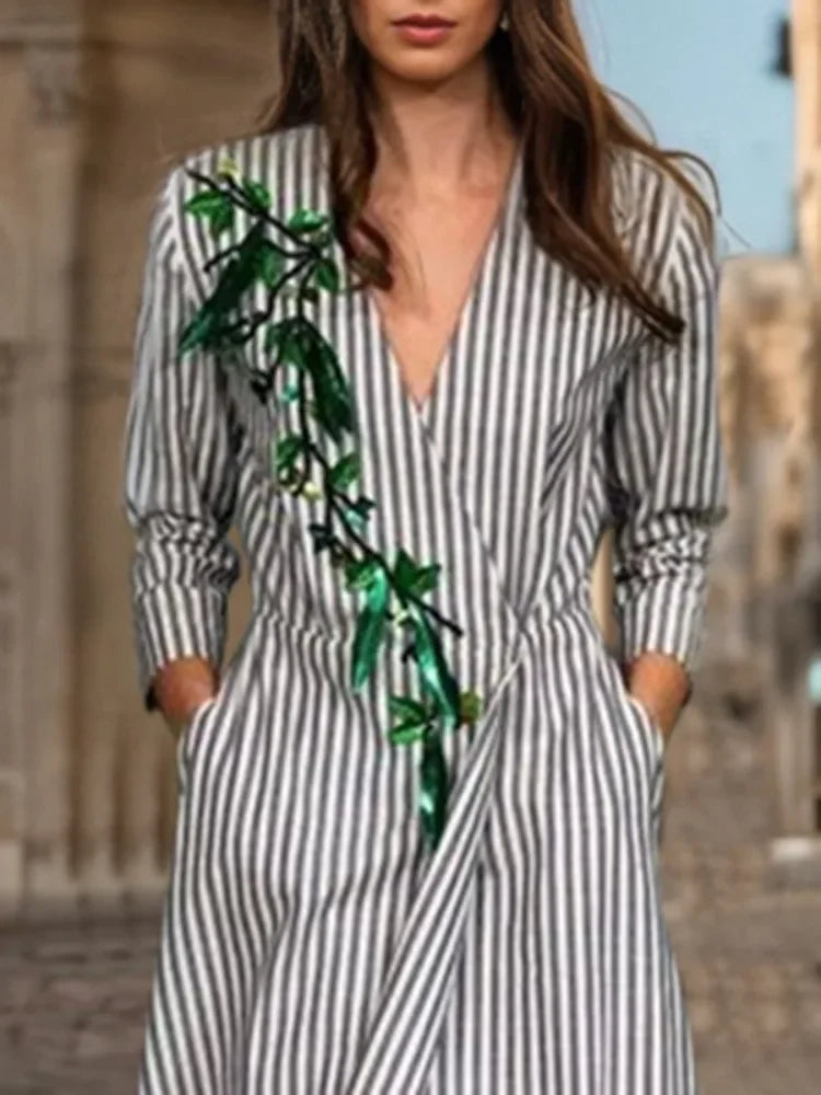 FZ Women's Striped A-line V Neck Long Sleeve Printed Max Dress