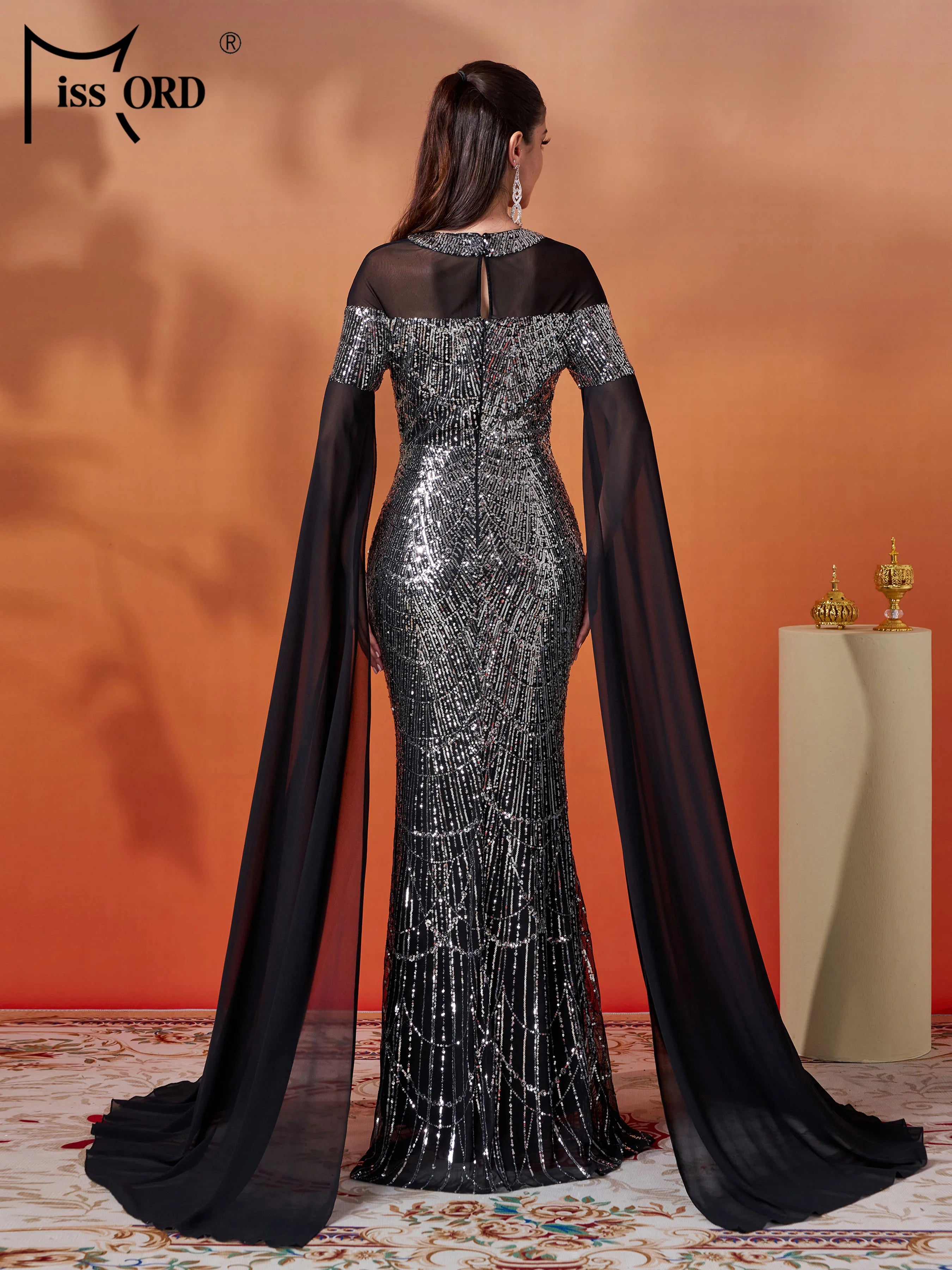 FZ Women's New Round Neck Extend Sleeves Sequin Mermaid Evening Dress