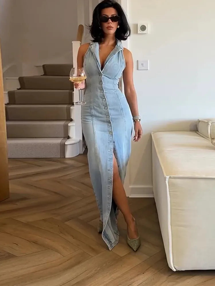 FZ Women's Sleeveless Slim Fit Lapel Maxi Denim Dress