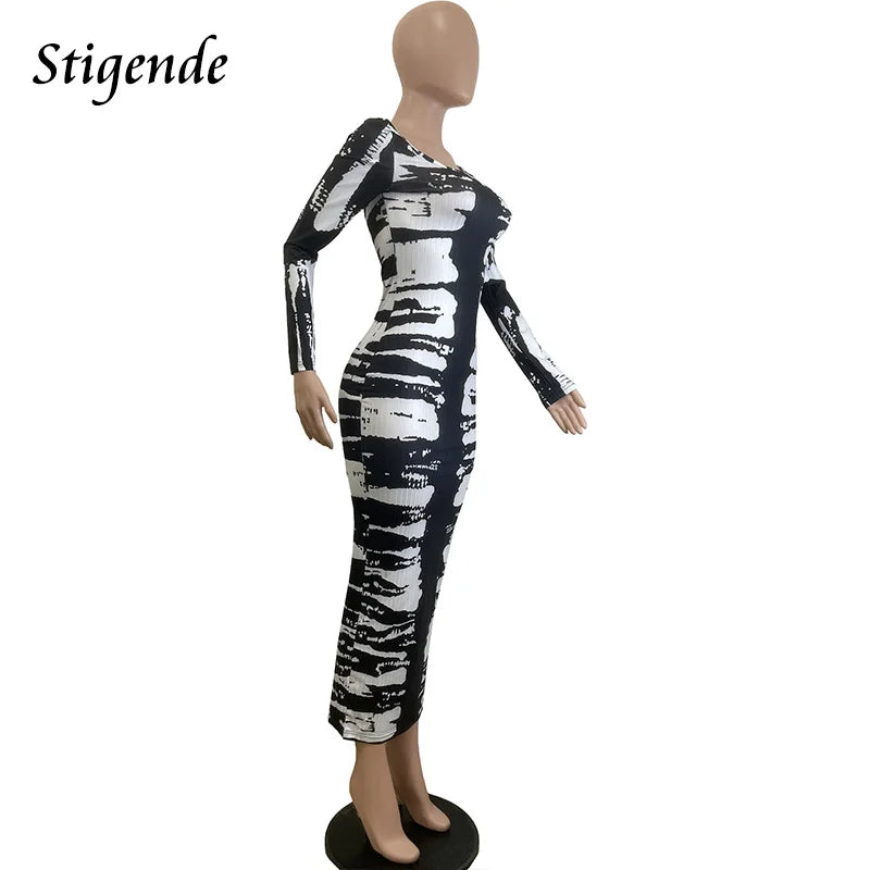 FZ Women's Fashion Print Long Ribbed Slim Fit Back Split Dress DSers