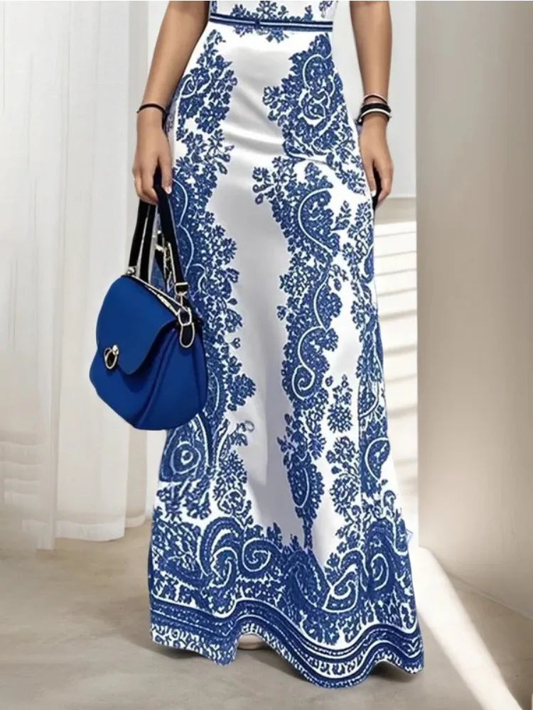 FZ Women's Floral Printed Cold Shoulder High Waist A-line Maxi Evening Dress