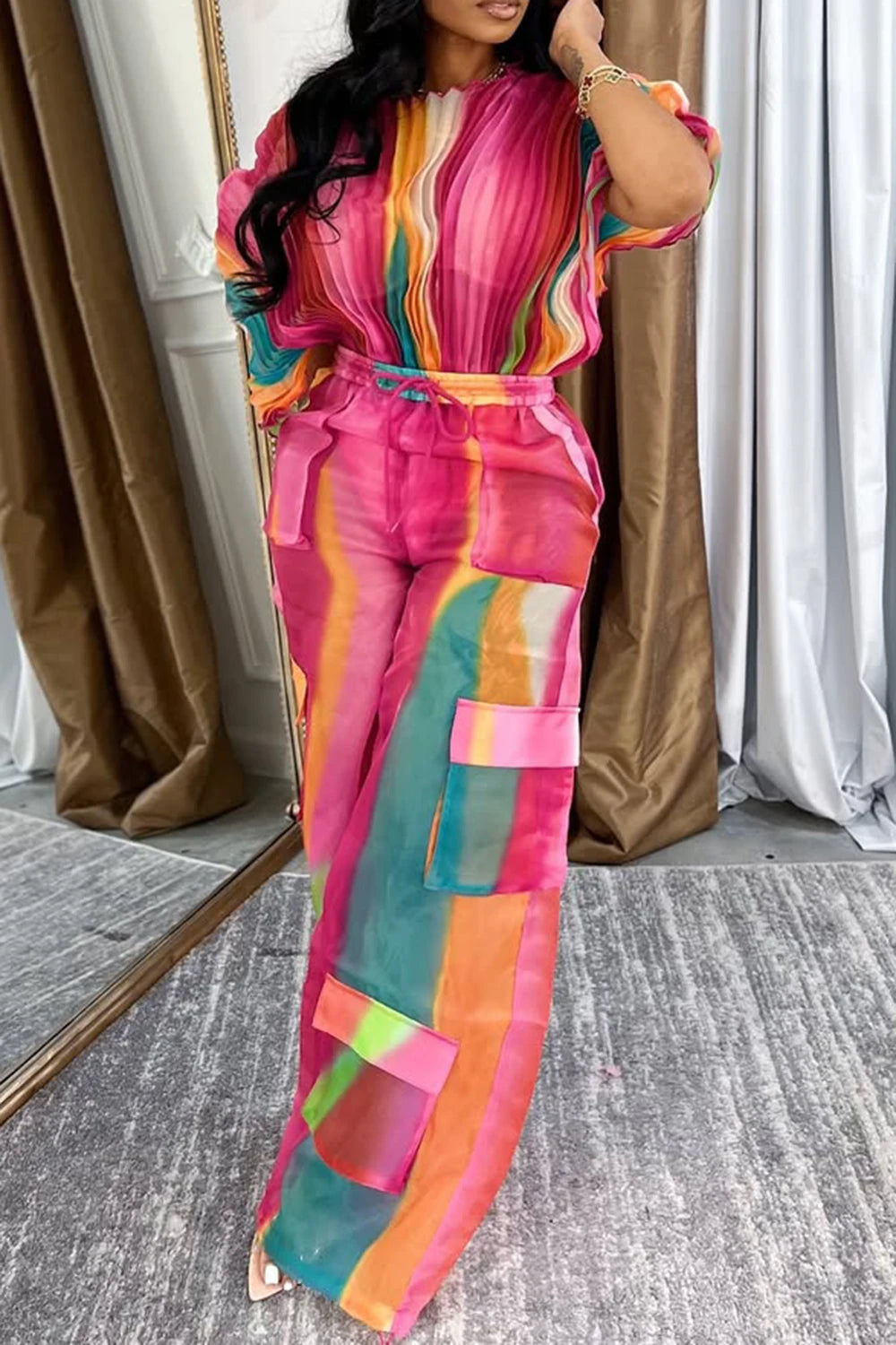 FZ Women's Plus Size Gradient Batwing Sleeve Cargo Pleated Two Piece Pants Suit