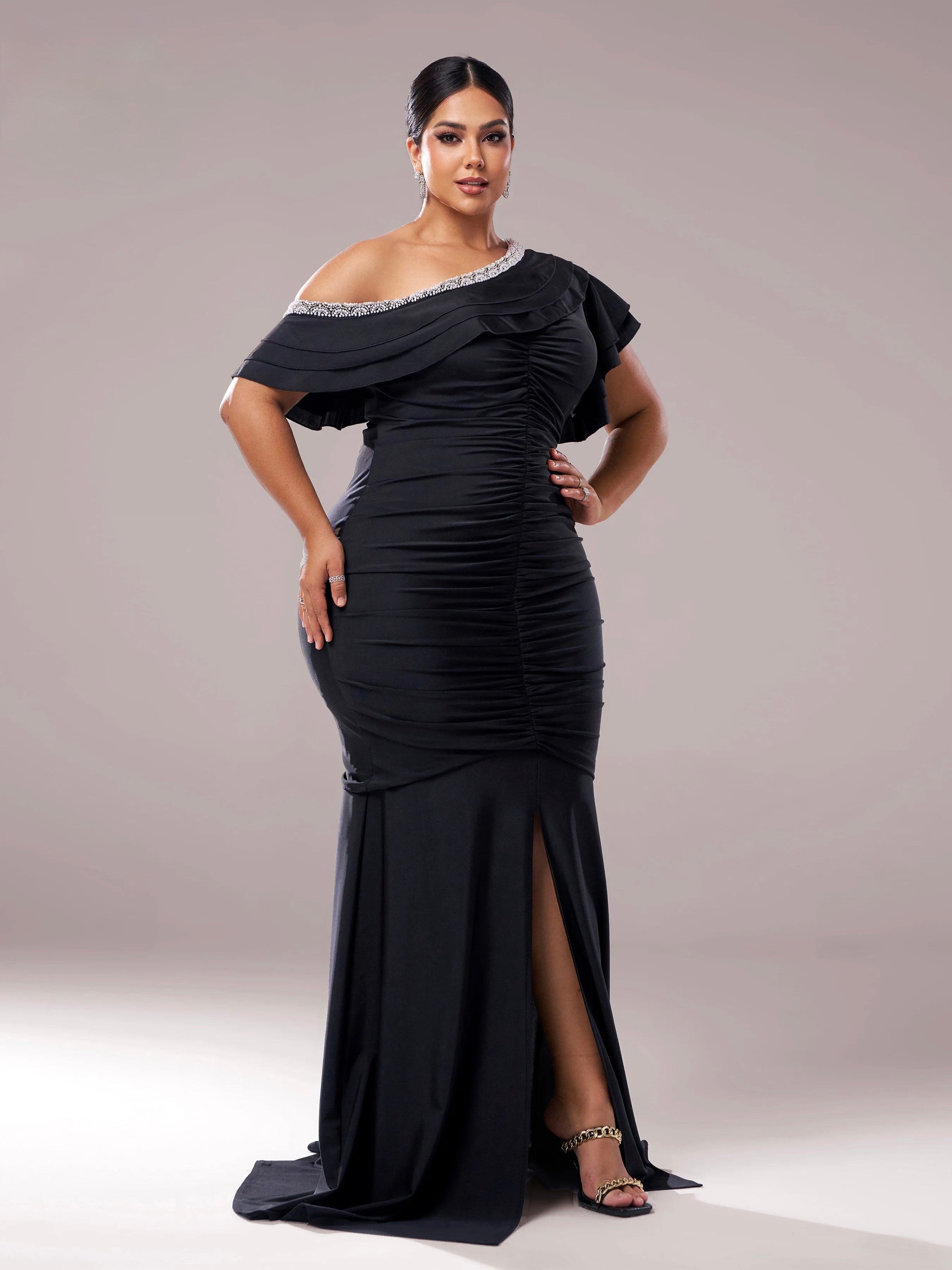 FZ Women's Plus Size One Shoulder Ruched Maxi Evening Dress
