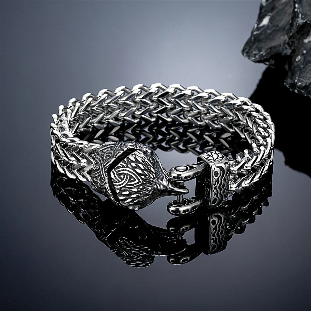 FZ Men's Retro Vikings Stainless Steel Mesh Chain Bear Norse Wolf Bracelet