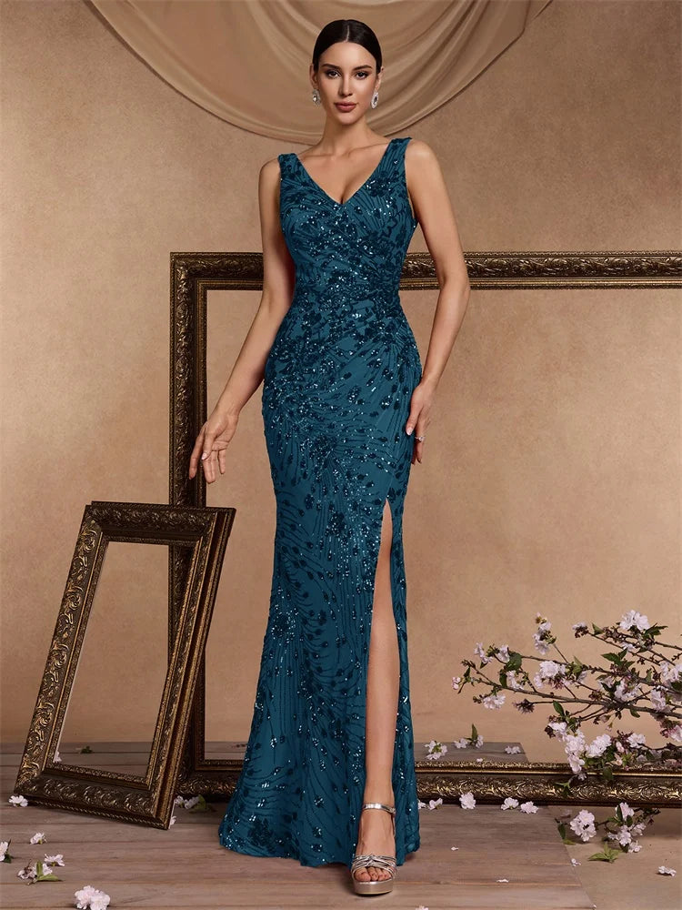 FZ Women's V-neck Slit Sequin Mermaid Deep Cocktail Evening Dress
