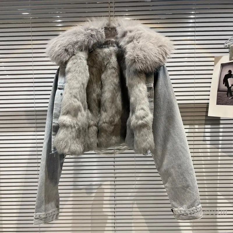 FZ Women's Fried Street Style Fur Collar + Fur Liner Rivet Short Denim Jacket