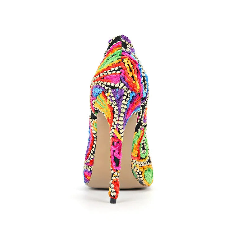 FZ Women's Flower Embroidery High Heels Pumps Shoes