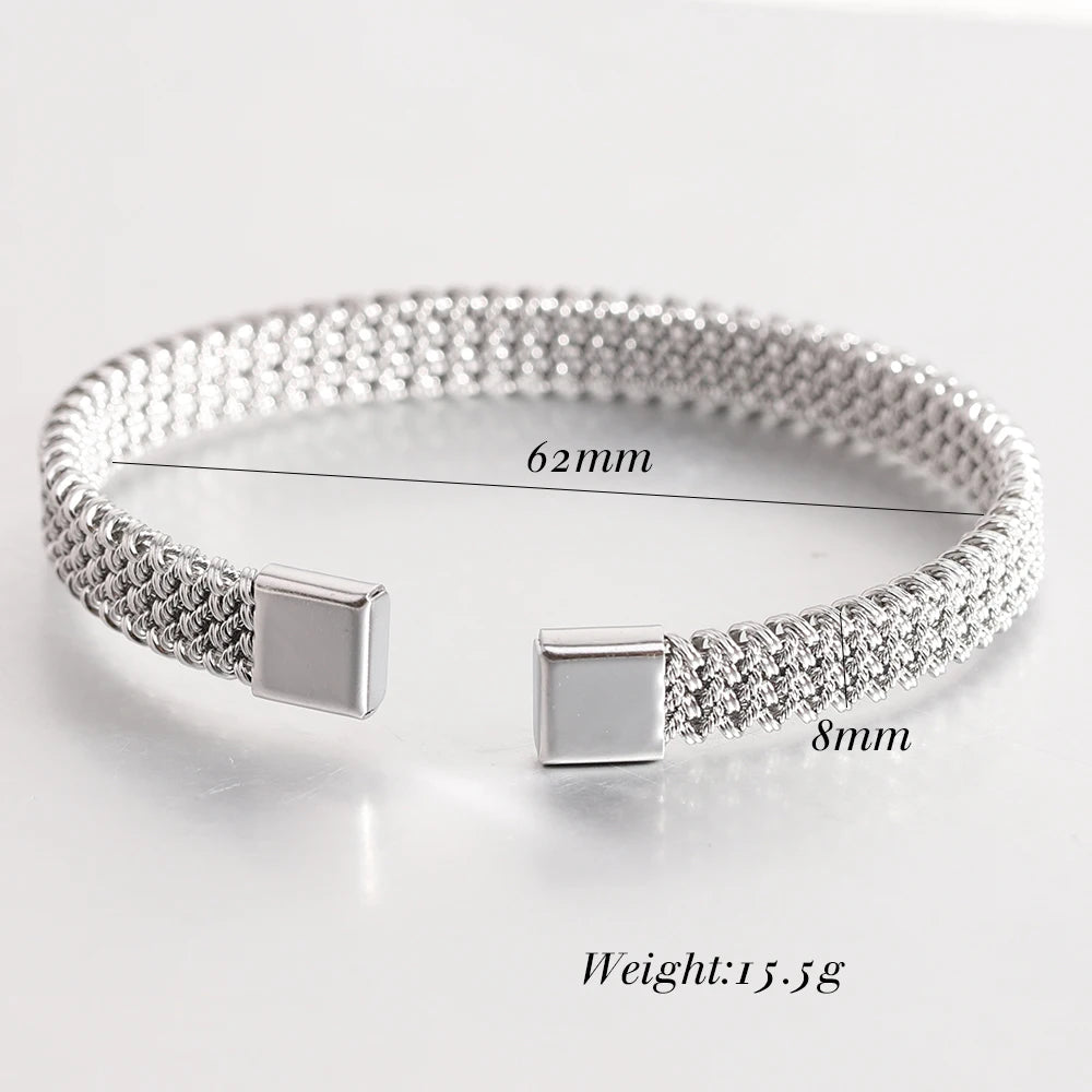 FZ 8MM Woven Flat Mesh C-Shaped Open Vintage Stainless Steel Bracelet