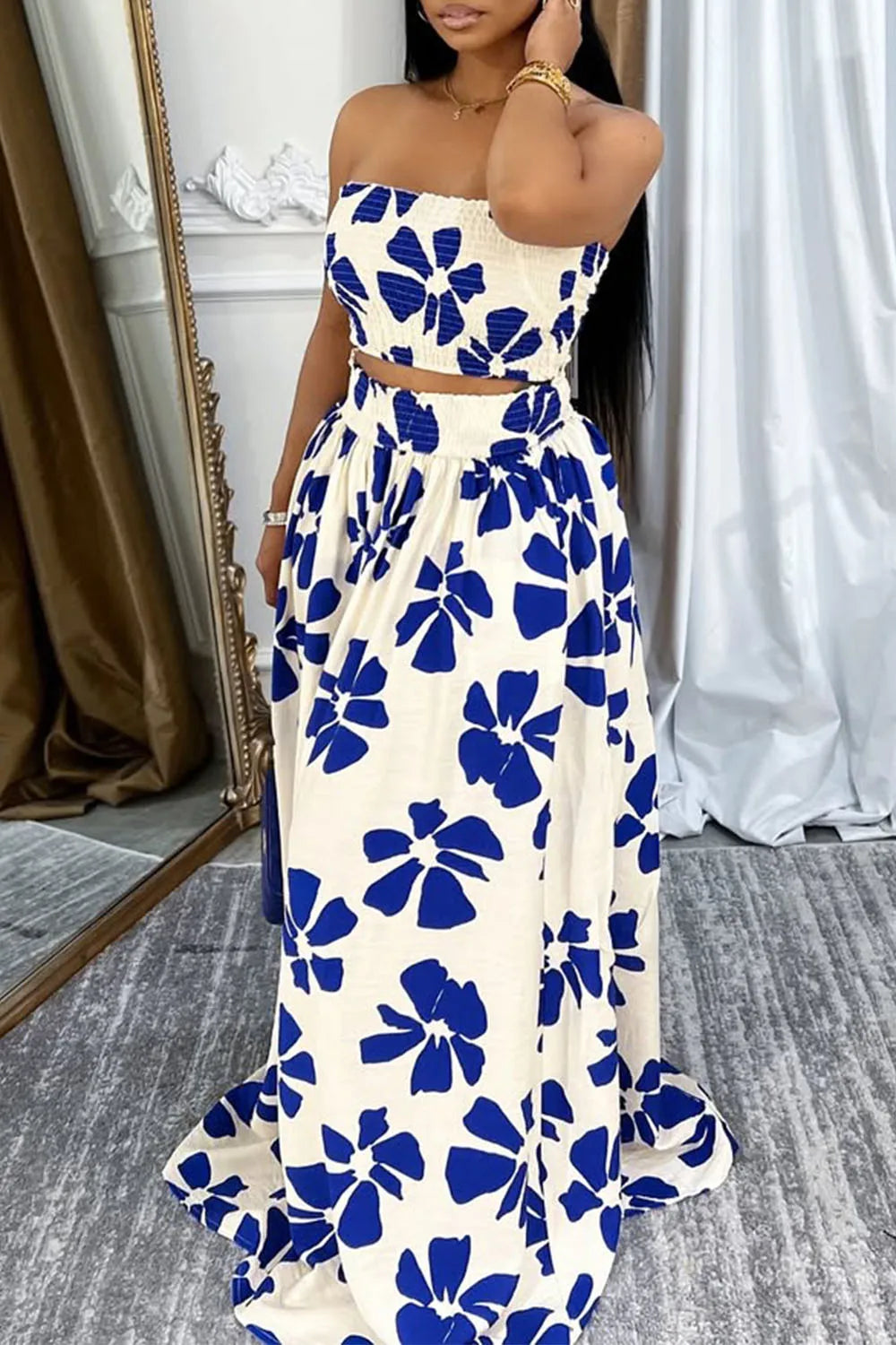 FZ Women's Plus Size Graphic Pocket Smocking Two Piece Skirt Suit