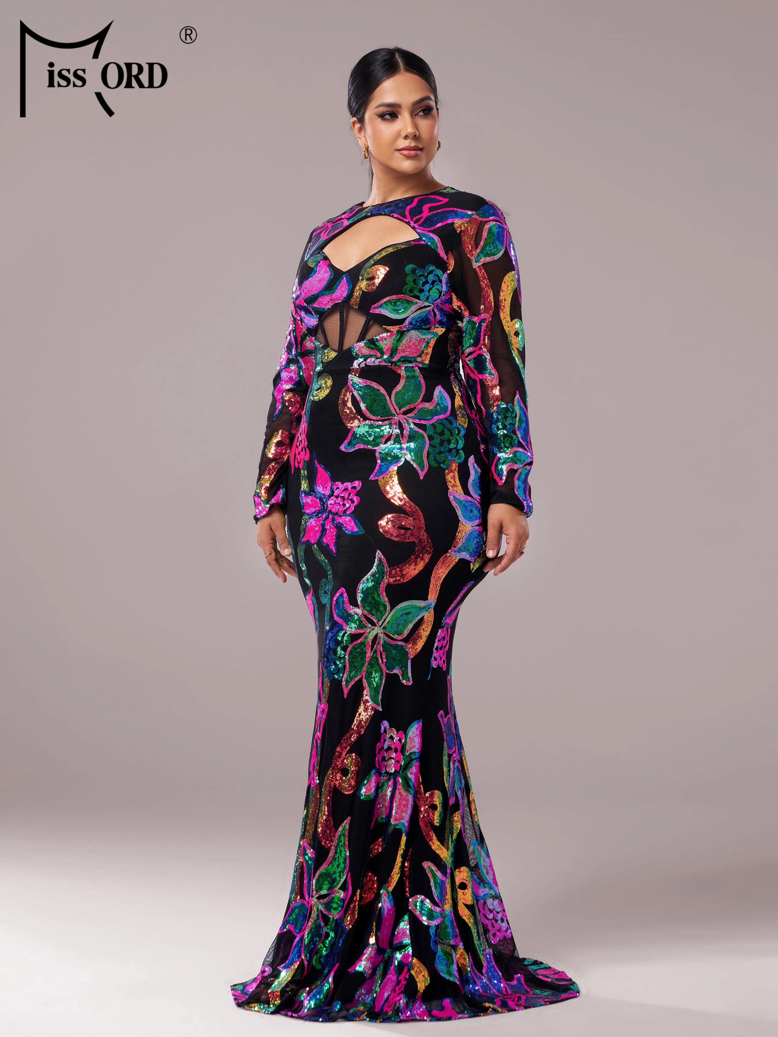 FZ Women's Plus Size Floral Round Neck Long Sleeved Sequin Mermaid Evening Dress