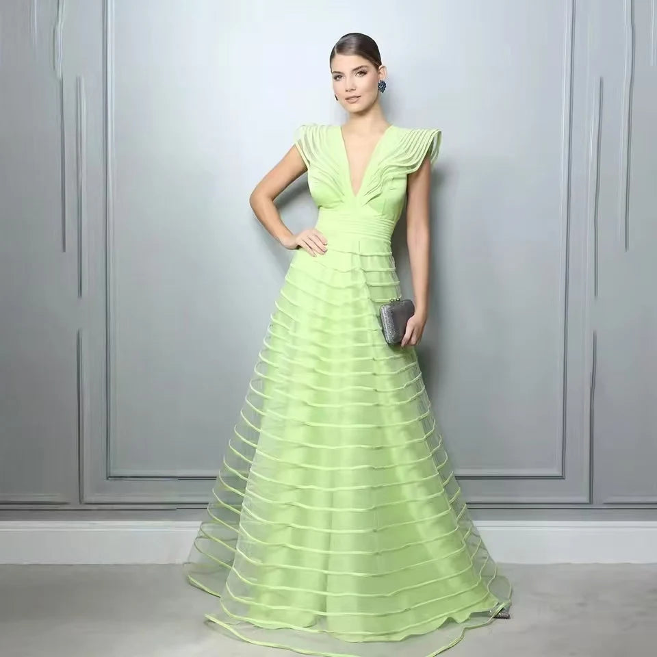 FZ Women's A Line Pleat Sleeveless Prom Deep V Neck Evening Dress