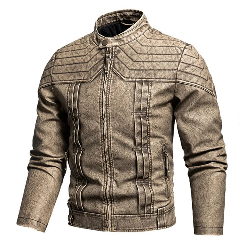 FZ Men's PU Leather Vintage Moto Biker Stand Collar Outwear Jacket