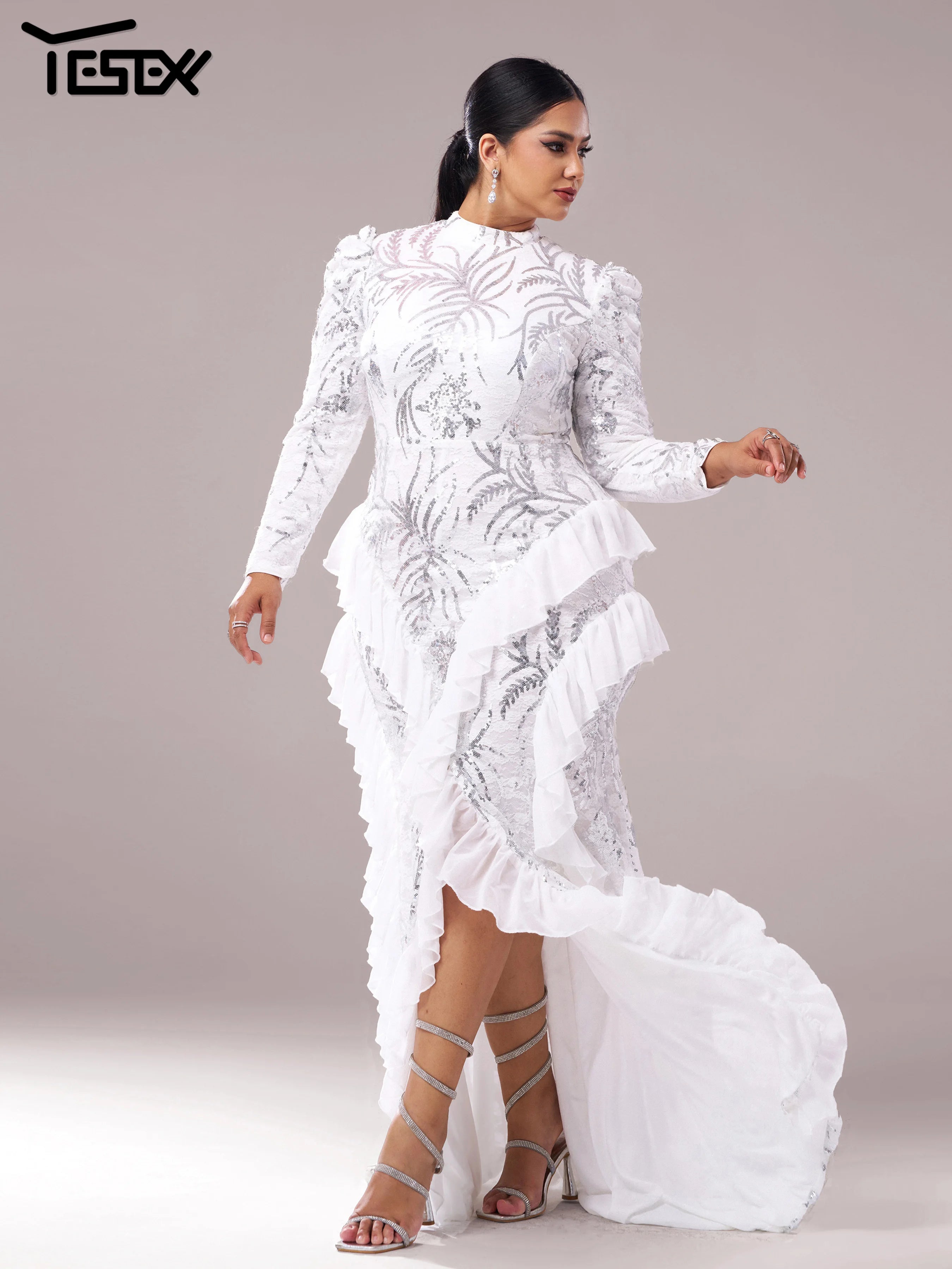 FZ Women's Plus Size Round Neck Long Sleeved Split Evening Dress