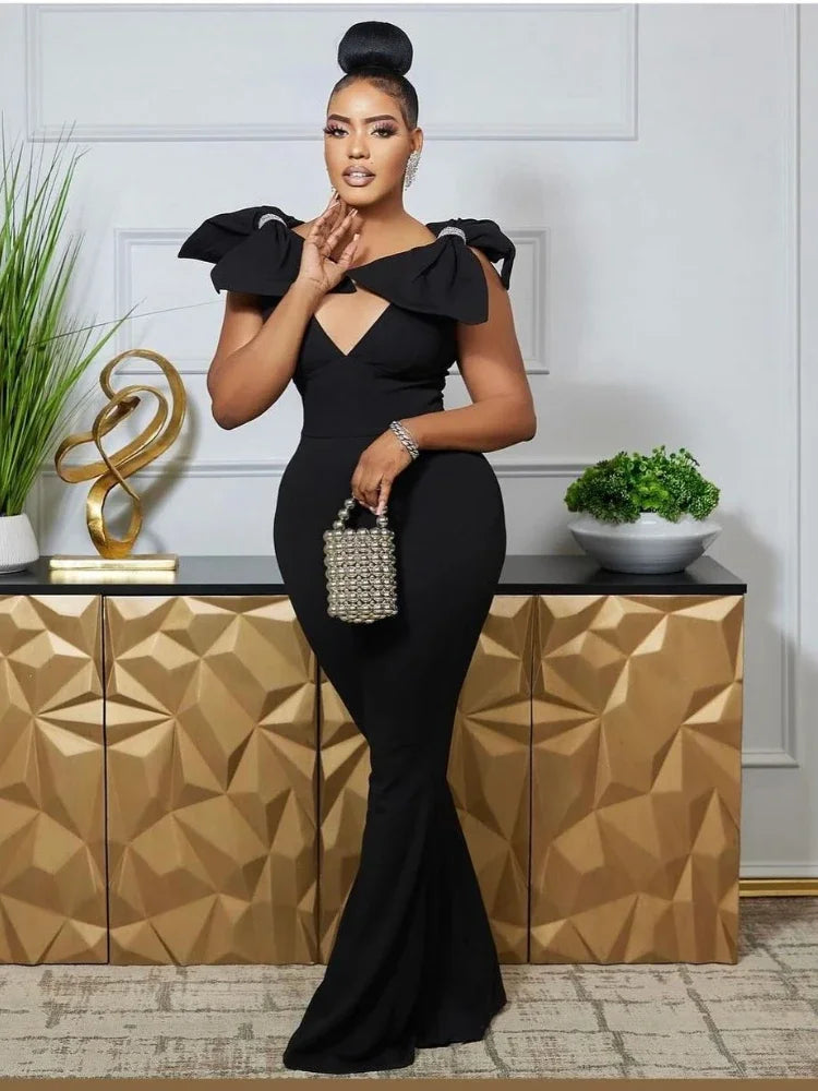 FZ Women's Camisole Bow Patchwork Deep V-neck Backless Wide Leg Jumpsuit