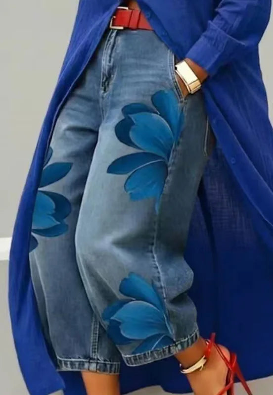 FZ Women's Floral Print High Waist Loose Fit Wide Leg Denim Pants