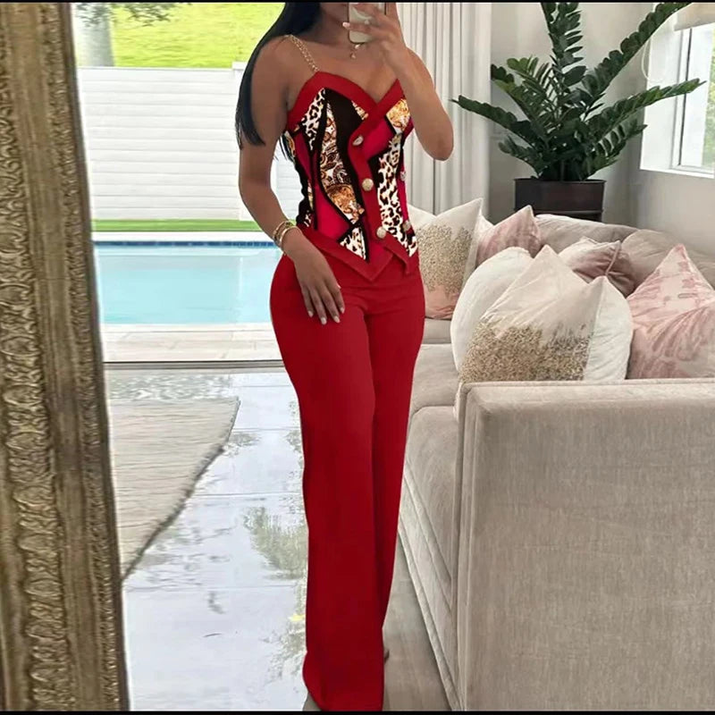 FZ Women's Retro Pattern Print Metal Sling Solid 2pcs Hollow Pants Suit - FZwear