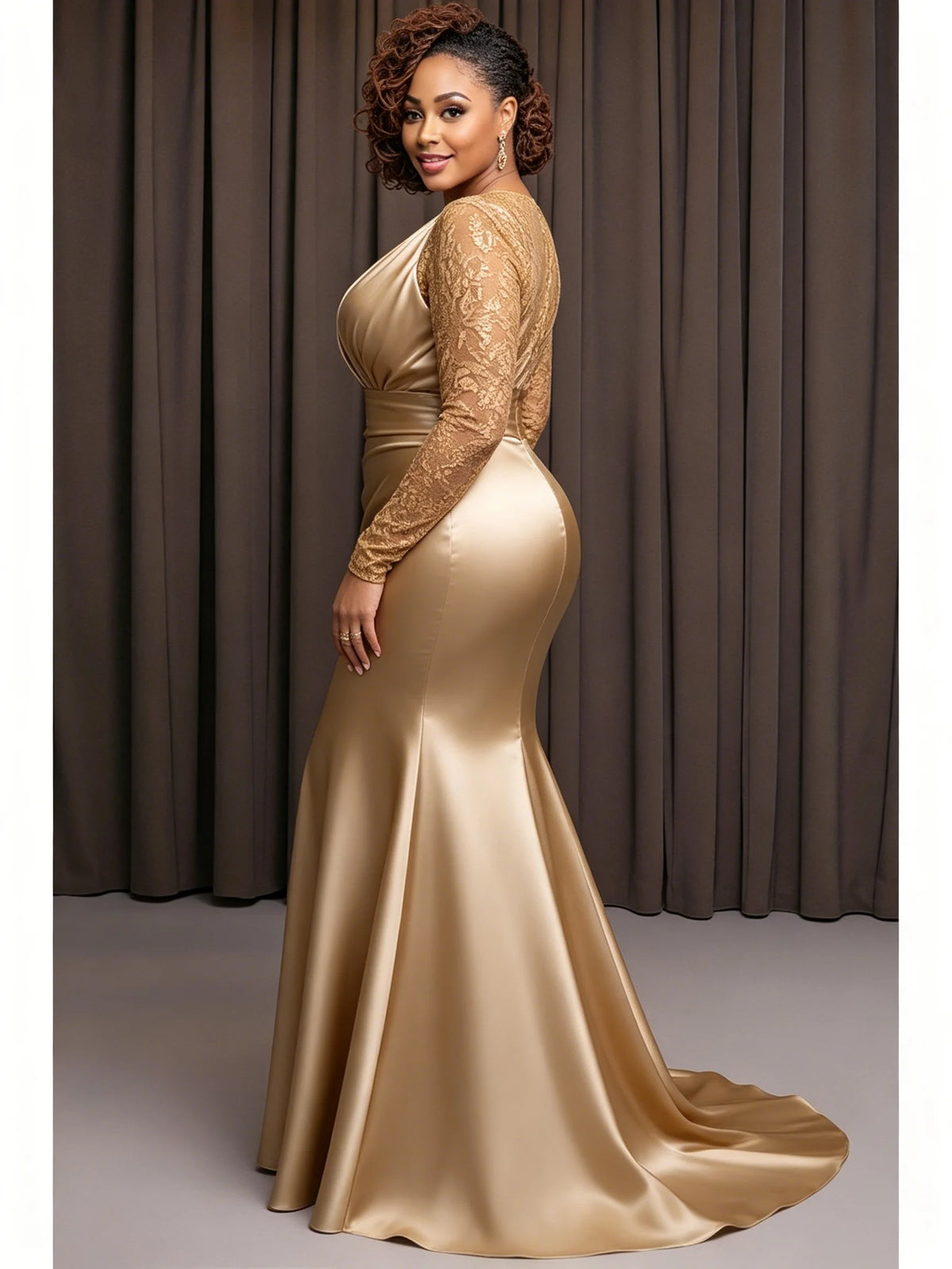 FZ Women's Plus Size Laced Maxi Satin Mermaid Evening Dress