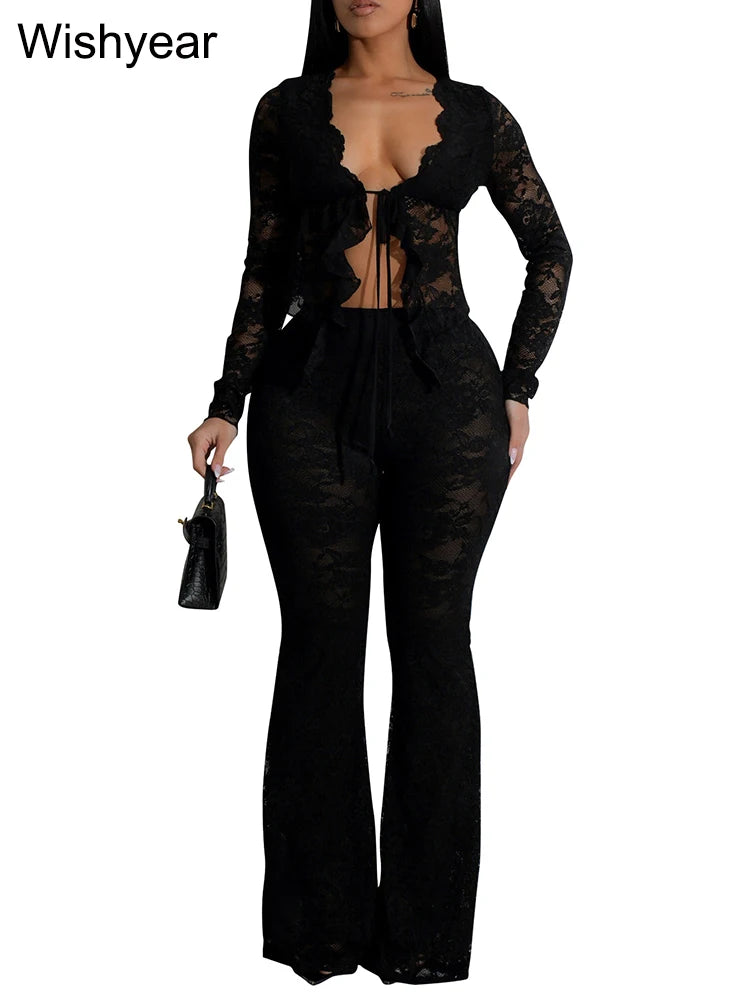 FZ Women's Black Lace Long Sleeve Stretch Flare Two Piece Pants Suit