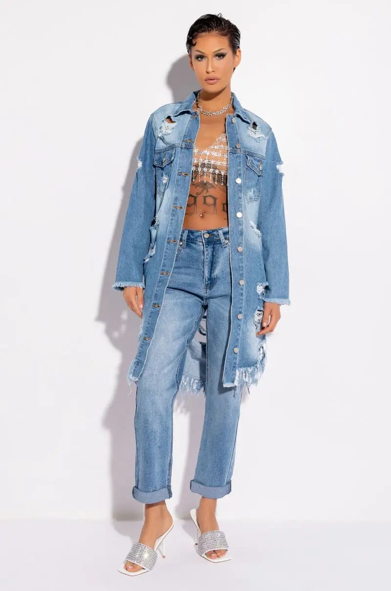 FZ Women's Ripped Turn Down Collar Hollow Out Denim Jacket