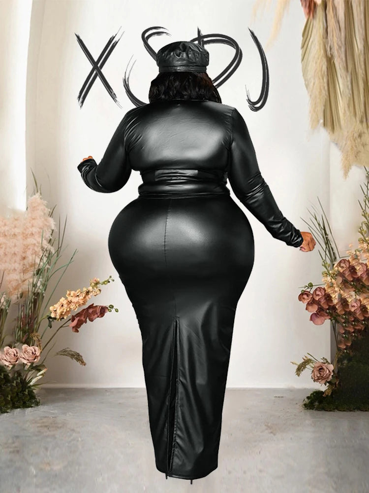 FZ Women's Plus Size Pu Black Leather Two Piece Long Skirt Suit