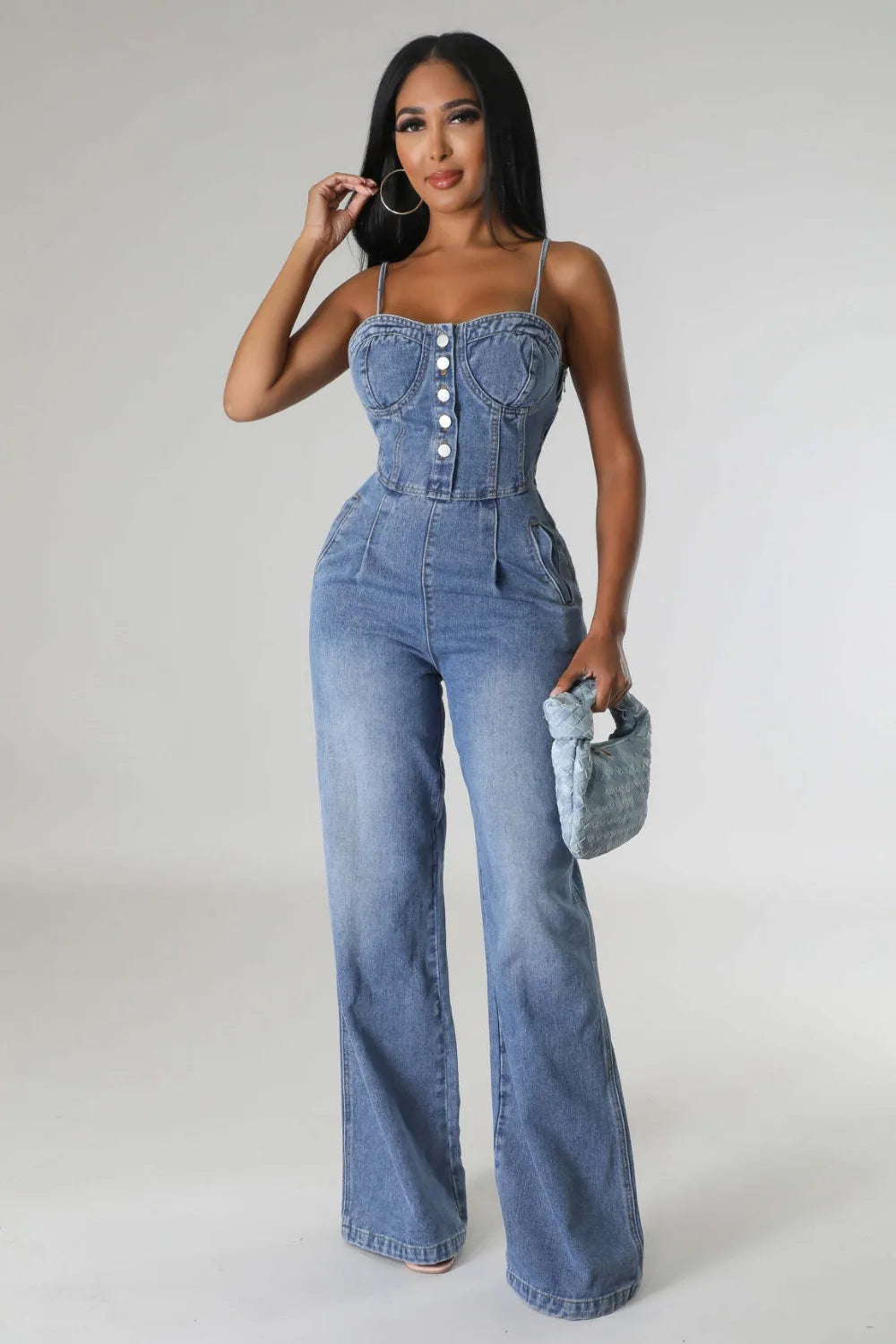 FZ Women's Spaghetti Strap Cotton High Waist Stretch Denim Wide Leg Jumpsuit - FZwear