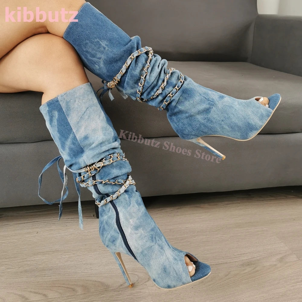 FZ Women's Metal Chain Cross Strap Open Toe Thin Heel Slip-On Denim Shoes