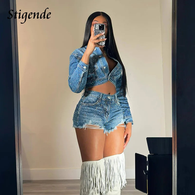 FZ Women's Glitter Rhinestone Ripped Shorts Sexy 2 Piece Denim Shorts Suit - FZwear