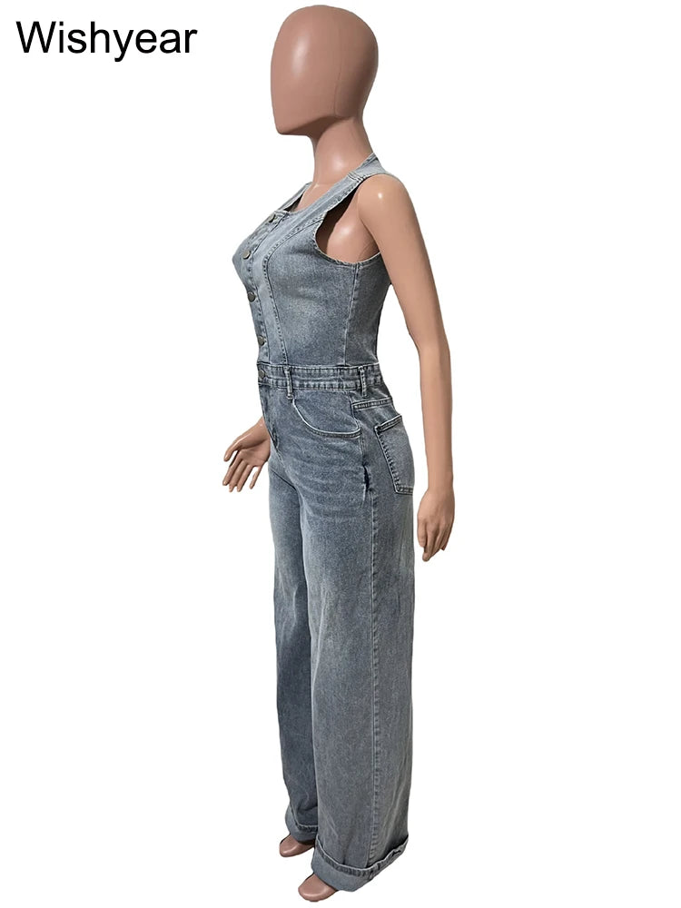 FZ Women's High Waist Wide Leg Cuffed Hem Button Front Sleeveless Denim Jumpsuit
