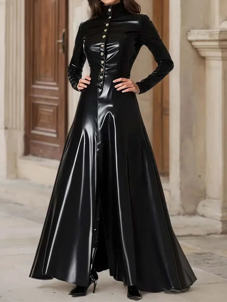 FZ Women's PU Leather Turtleneck Long Sleeve Vintage Slit Hem A-Line Maxi Dress