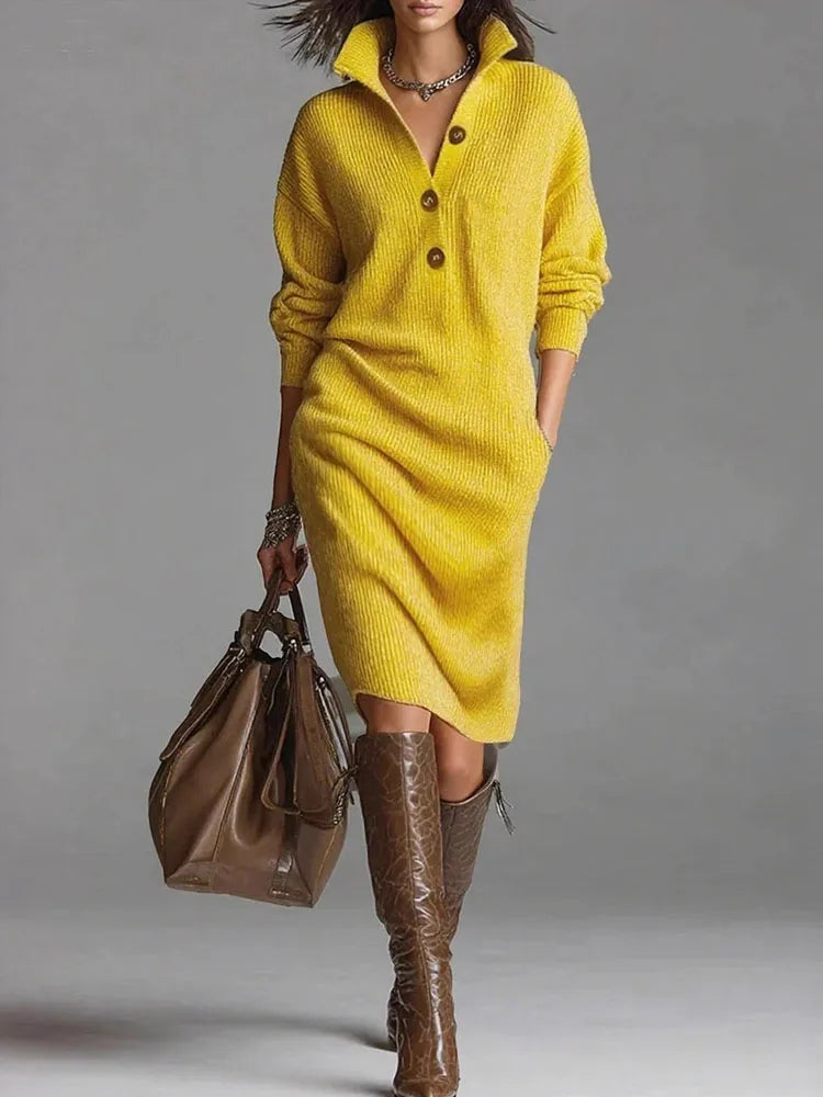 FZ Women's Lapel Collar Long Sleeve Ribbed Solid Midi Knitted Sweater Dress