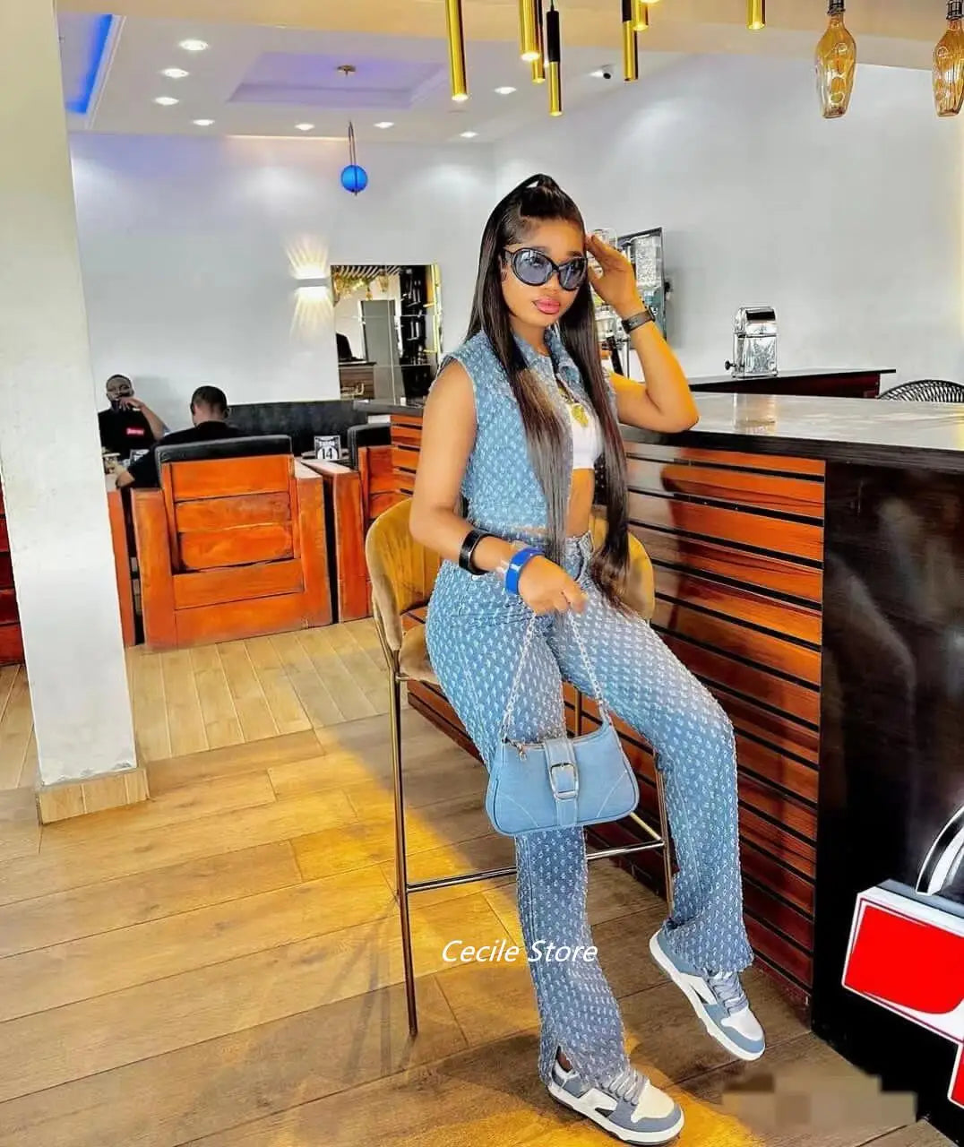 FZ Women's African Ripped Three-piece Wide Leg Slit Denim Pants Suit