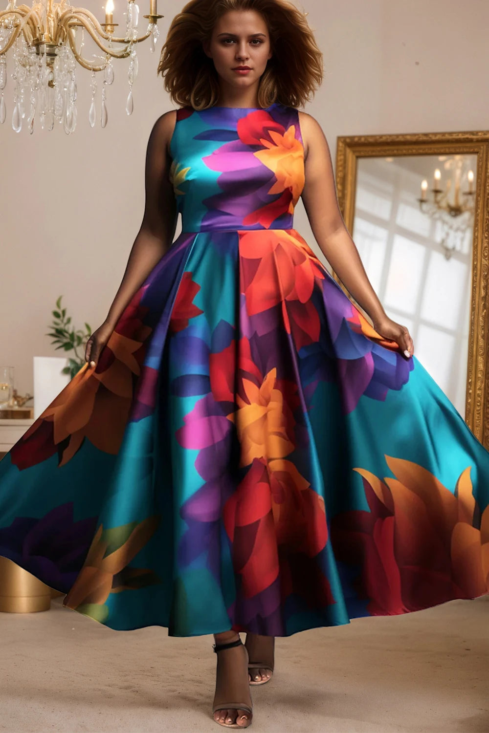 FZ Women's Plus Size Pleated A-Line Party Floral Printed Vintage Maxi Evening Dress