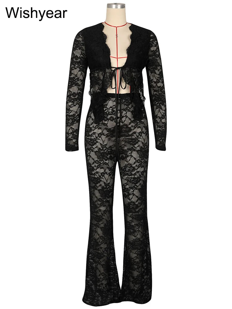 FZ Women's Black Lace Long Sleeve Stretch Flare Two Piece Pants Suit