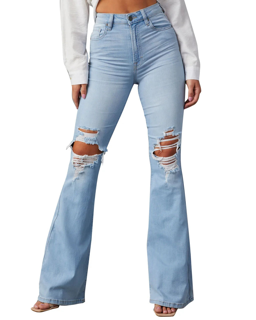 FZ Women's High Waist Flare Ripped Distressed Denim Pants - FZwear