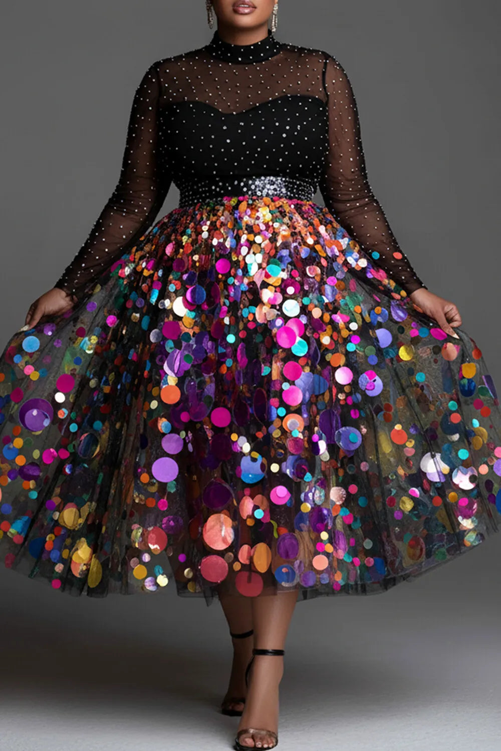 FZ Women's Plus Size Tulle Multicolor Mock Neck Midi Dress