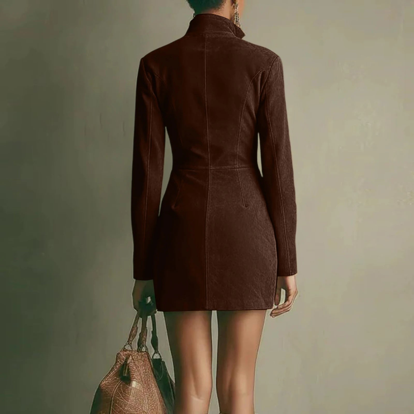 FZ Women's Knee Length Solid Color Long Sleeve Pocket Suede Dress