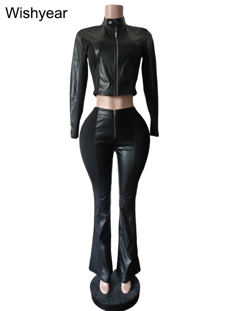 FZ Women's Street moto bike stretch PU Leather flared 2 Pieces Pants Suit