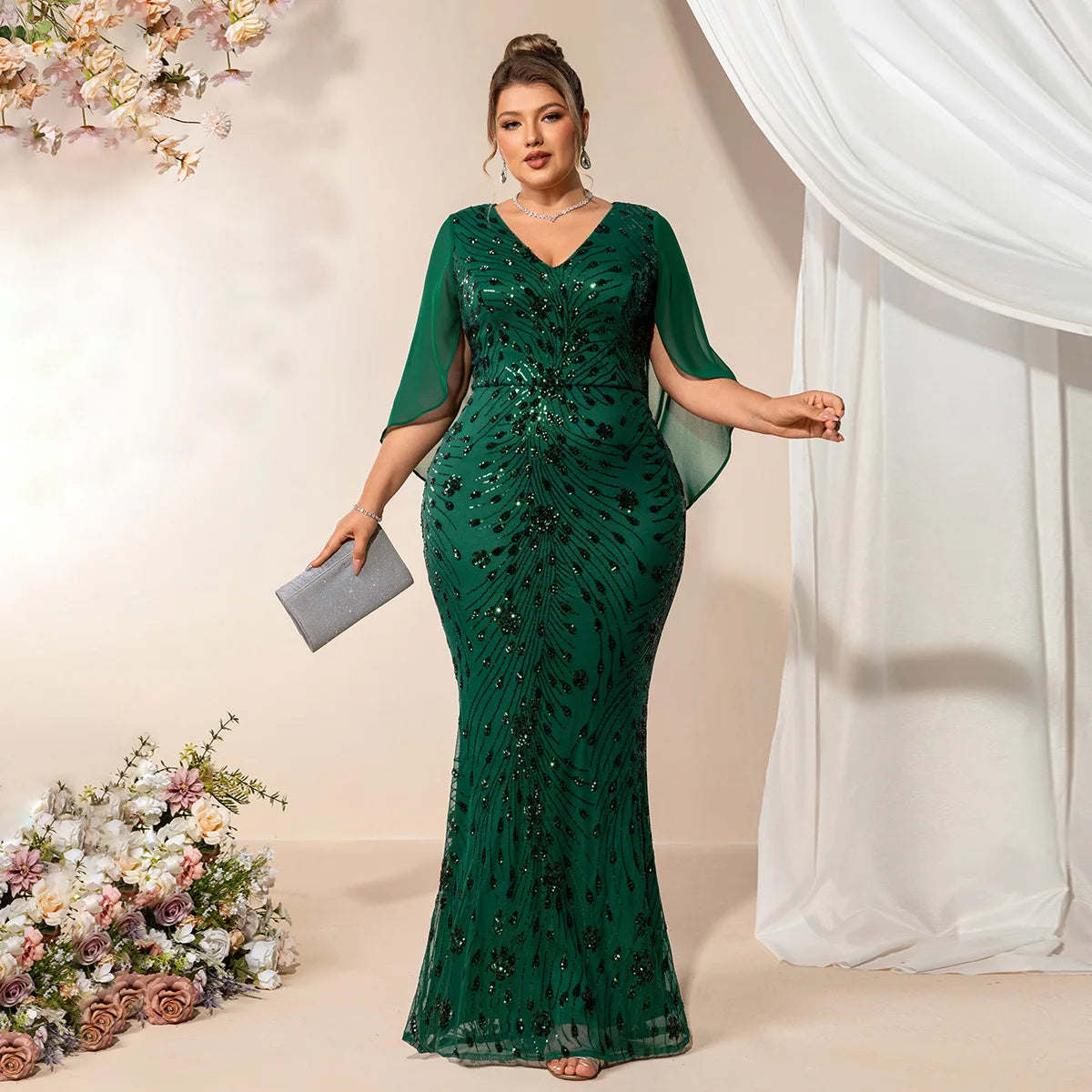 FZ Women's Plus Size Chiffon Sleeve Mermaid Sequins Evening Dress