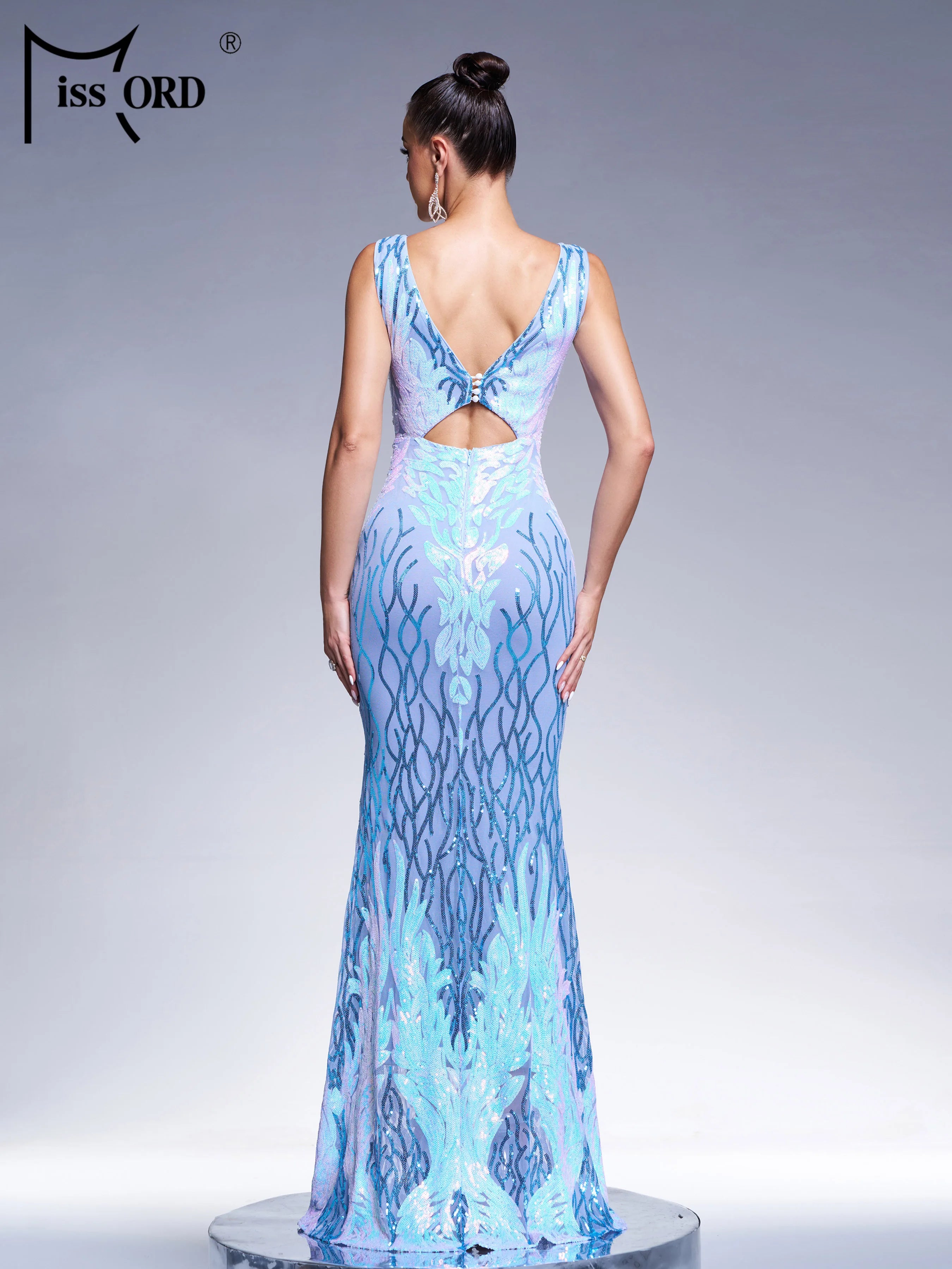 FZ Women's V Neck Cutout Sequin Mermaid Cocktail Maxi Evening Dress