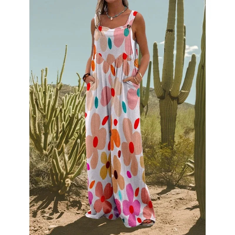 FZ Women's Vintage Flower Daisy Print Casual Strap Wide Leg Jumpsuit - 1 - FZwear