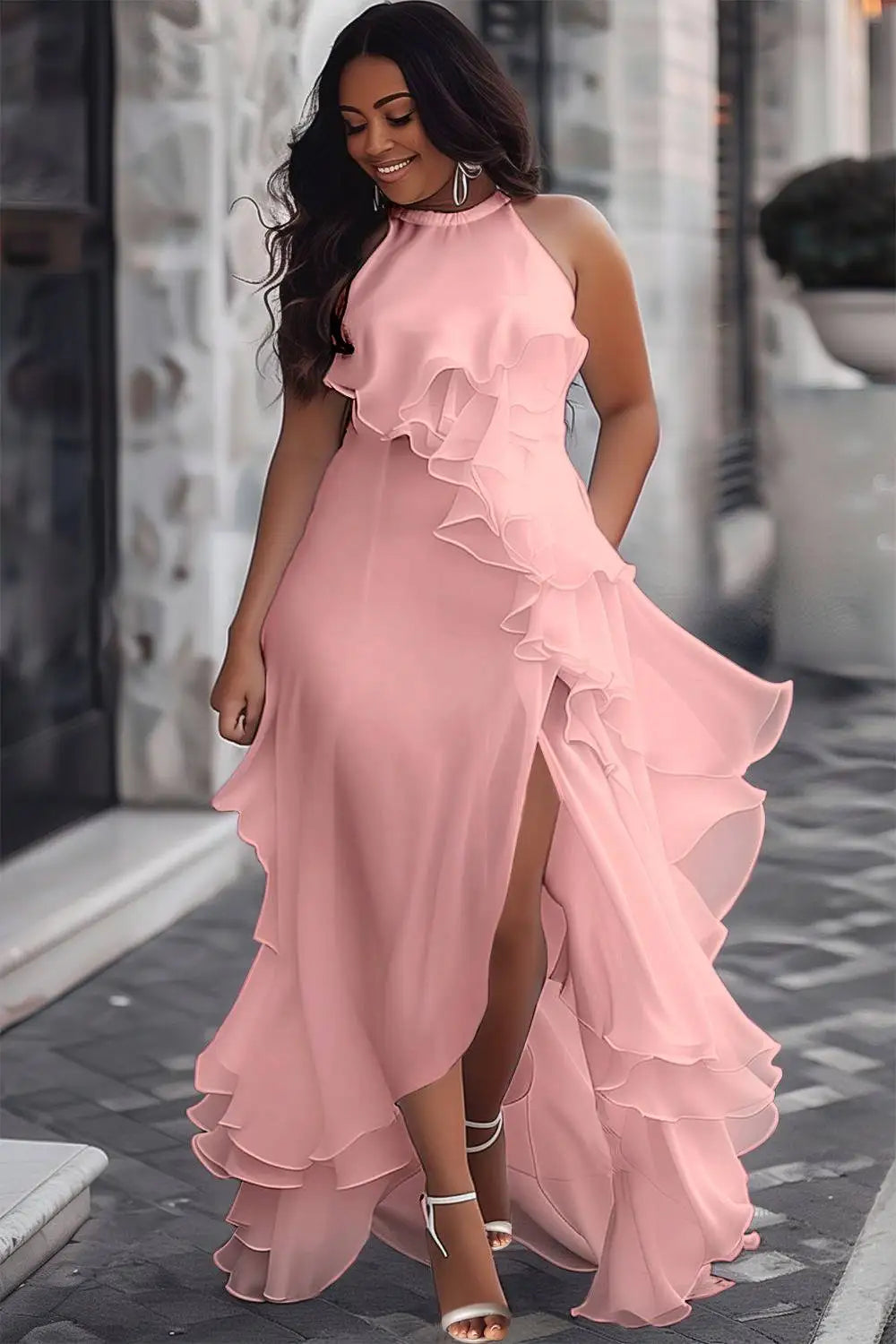 FZ Women's Plus Size Halter Collar Split Ruffle Maxi Evening Dress
