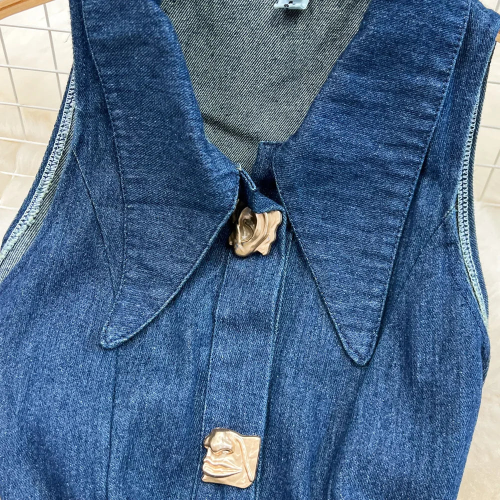 FZ Women's High Waist A Line Turn Down Collar Sleeveless Streetwear Denim Dress