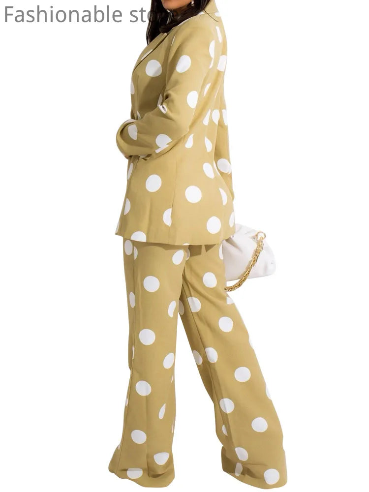 FZ Women's One Button Dot Print High Waist Straight Pants Suit
