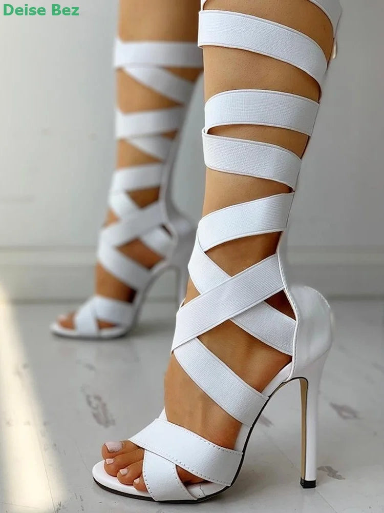 FZ Women's Mid-Calf Cross-tied Zipper Stretch Fabric Solid Peep Toe Shoes - FZwear