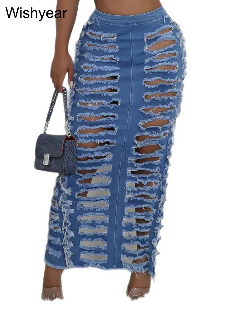 FZ Women's Hollow Out Ripped High Waist Denim Skirt