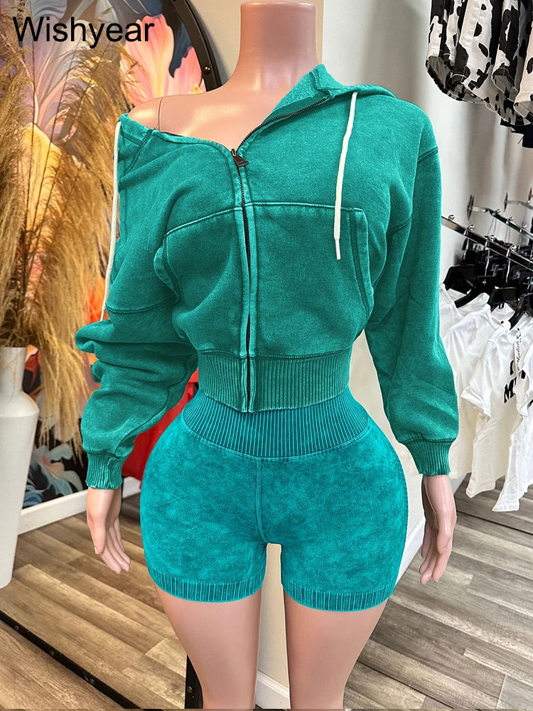 FZ Women's Vintage Wash Velvet Sweatshirt and Leggings 2 Piece Shorts Suit