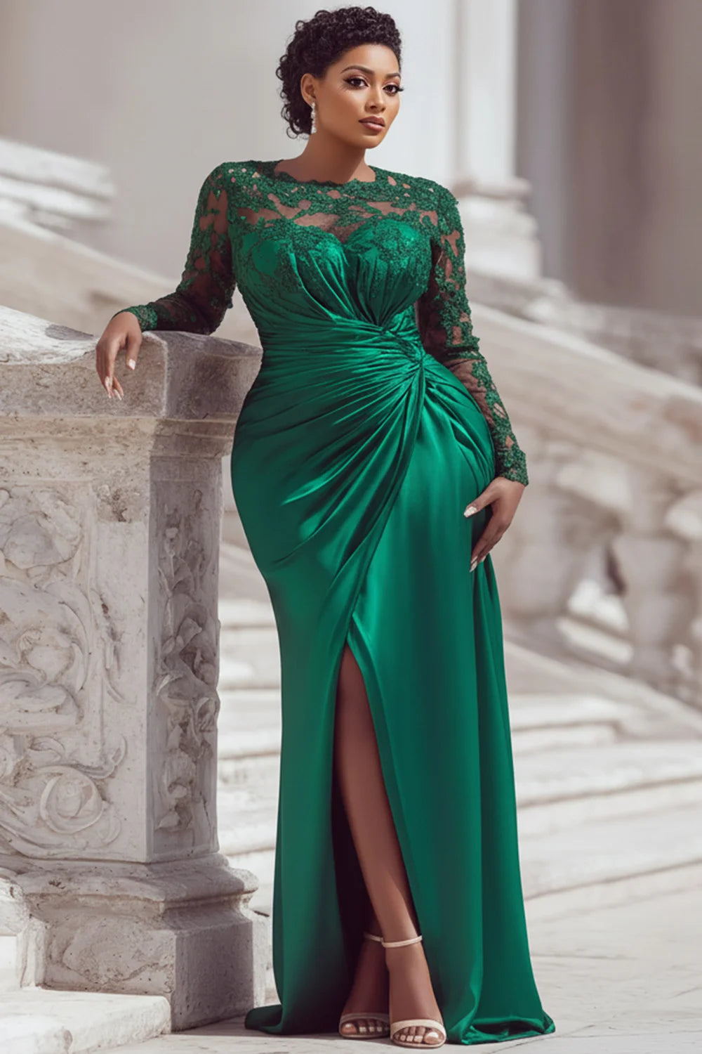 FZ Women's Plus Size Satin Lace Sleeve Ruched Waist High Slit Mermaid Evening Dress