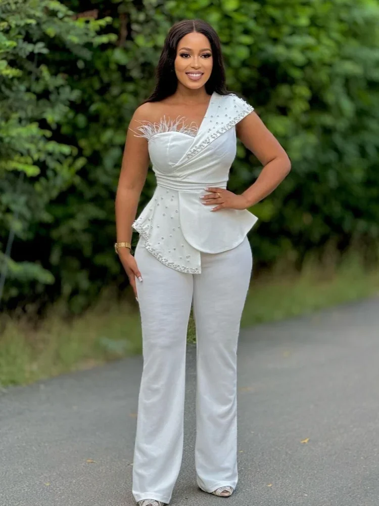 FZ Women's One Shoulder Feather Diamond Peplum One Piece Jumpsuit